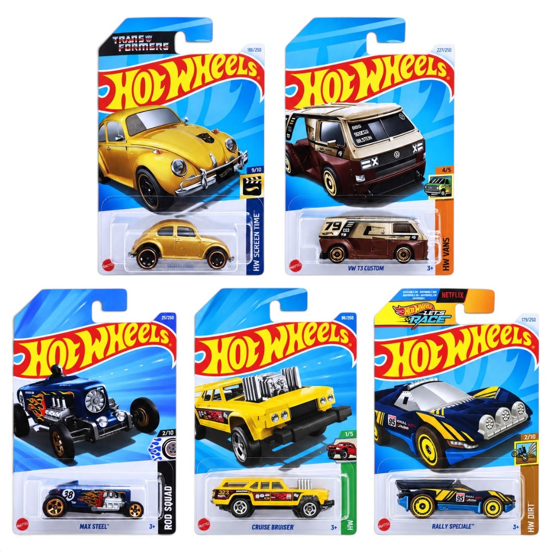 Hot Wheels 1:64 5-Car Die-Cast Set – Bumblebee, VW T3 Custom, Max Steel, Cruise Bruiser & Rally Speciale