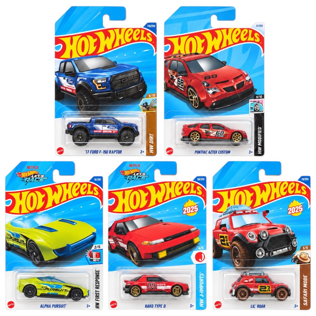 Hot Wheels 1:64 5-Car Die-Cast Set – ’17 Ford F-150 Raptor, Pontiac Aztek Custom, Alpha Pursuit, Hako Type D & Lil’ Roar