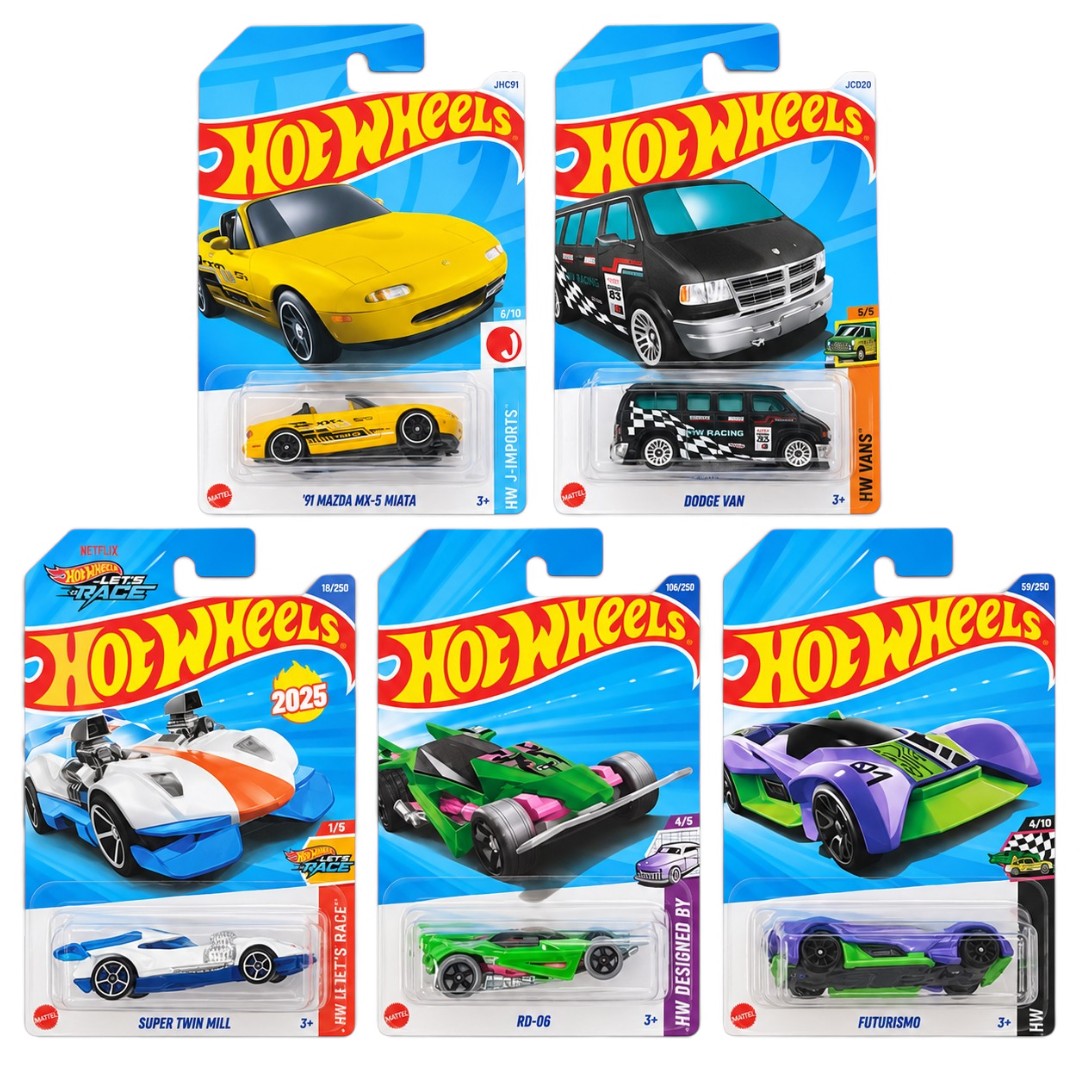 Hot Wheels 1:64 5-Car Die-Cast Set – ’91 Mazda MX-5 Miata, Dodge Van, Super Twin Mill, RD-06 & Futurismo