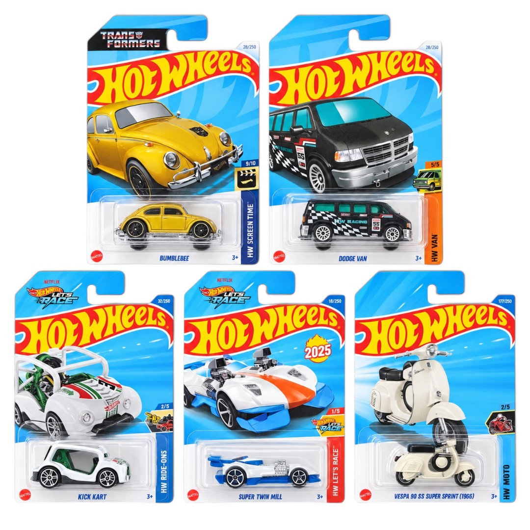 Hot Wheels 1:64 5-Car Die-Cast Set – Bumblebee, Dodge Van, Kick Kart, Super Twin Mill & Vespa 90 SS Super Sprint (1966)