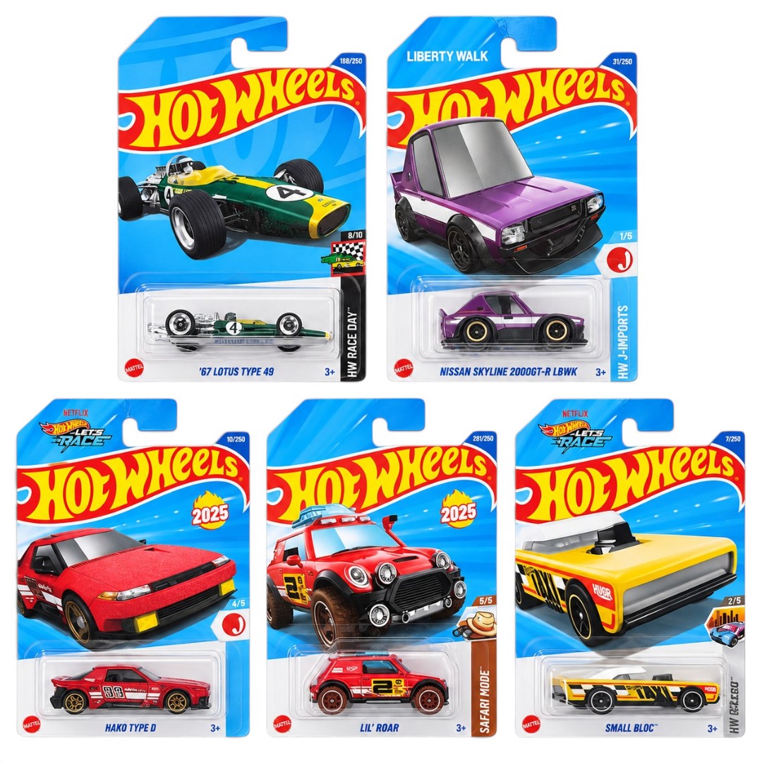 Hot Wheels 1:64 5-Car Die-Cast Set – ’67 Lotus Type 49, Nissan Skyline 2000GT-R LBWK, Hako Type D, Lil’ Roar & Small Bloc