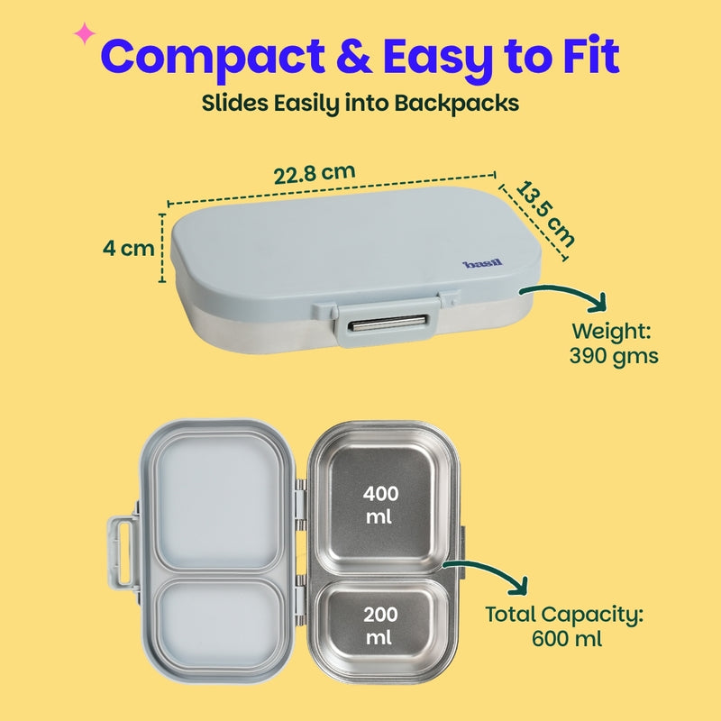 Basil Classic Grey 600ml Stainless Steel Lunch Box | 2-Section Leak-Proof Tiffin Box
