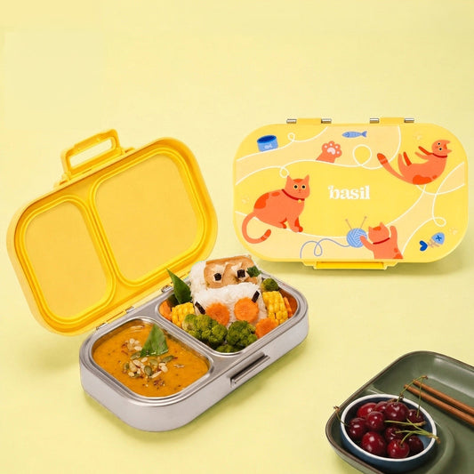 Basil Kitty Party 600ml Stainless Steel Lunch Box | 2-Section Leak-Proof Kids Tiffin Box