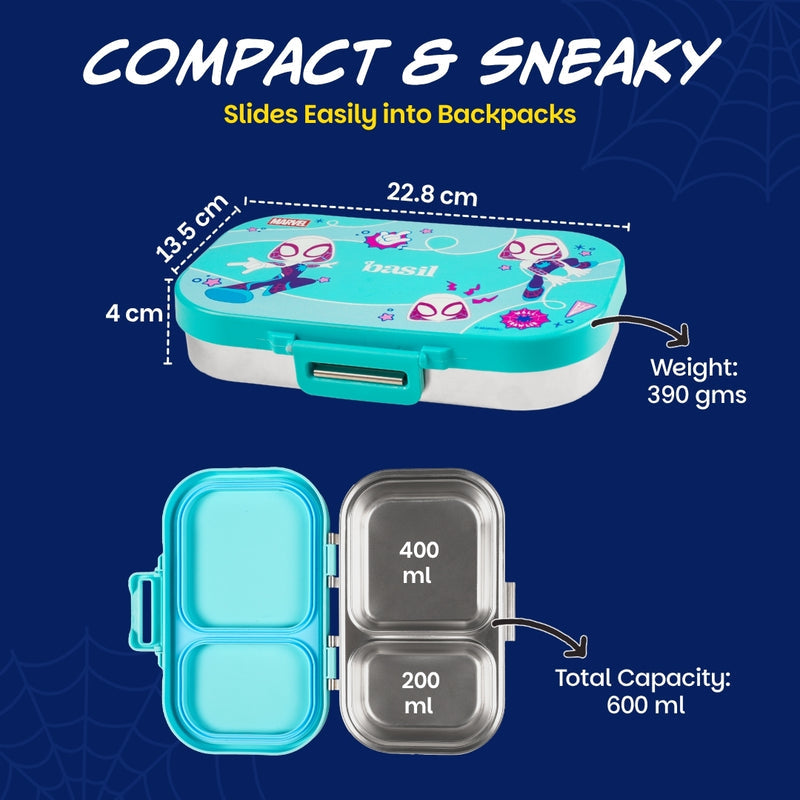 Basil Marvel Spidey Slingy Star 600ml Stainless Steel Lunch Box | 2-Section Kids Tiffin Box