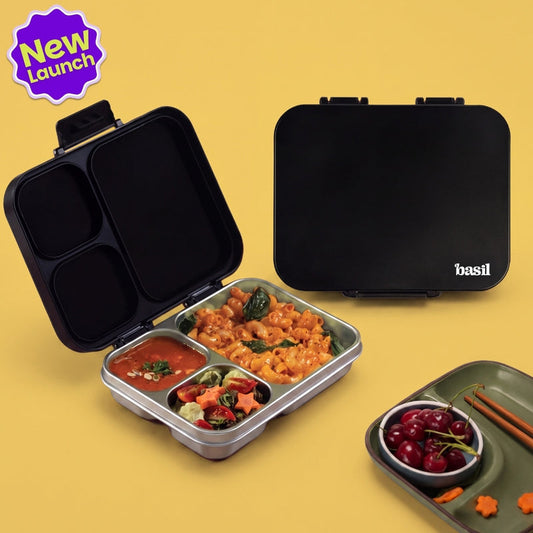 Basil 1000ml Stainless Steel Bento Lunch Box – Classic Black | 3-Section Leak-Proof Tiffin Box