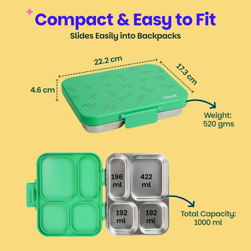 Basil Retro Stack 1000ml Stainless Steel Bento Lunch Box | 4-Section Leak-Proof Kids Tiffin Box