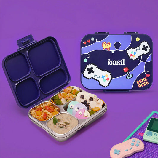 Basil Pixel Rush 1000ml Stainless Steel Bento Lunch Box | 4-Section Leak-Proof Kids Tiffin Box