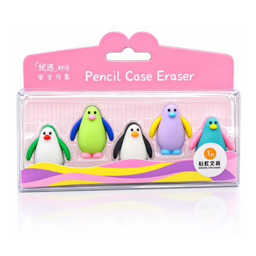 Penguin Pencil Case Eraser Set – 6 Cute Colorful Penguin Erasers in Transparent Pencil Case | Soft Rubber Novelty Erasers for Kids | School Stationery Gift Set