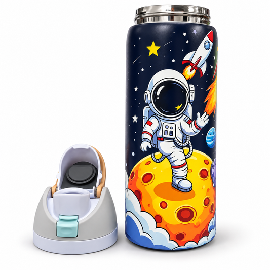 Astronaut Space Theme No.3 946ml (32oz) Insulated Stainless Steel Water Bottle for Kids with Straw Sipper Lid, Carry Handle & Leak-Resistant Design – Large Capacity Reusable School & Travel Bottle