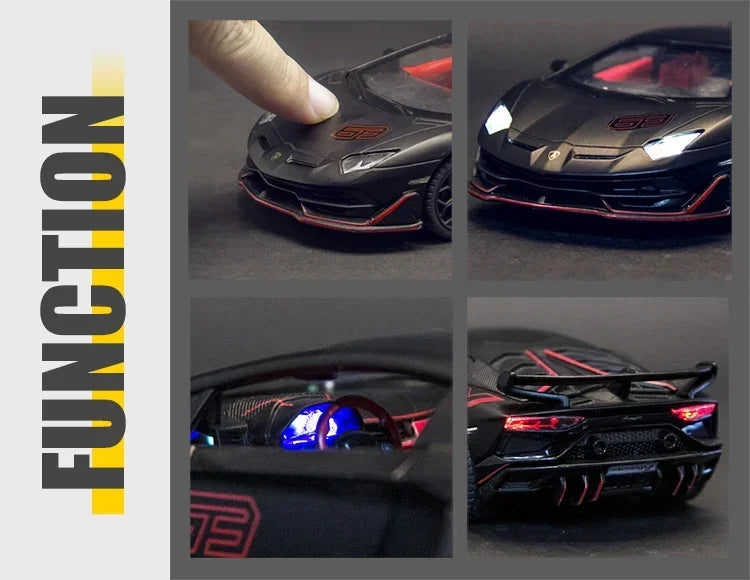 MSZ 1:32 Lamborghini Aventador SVJ Die-Cast Model Car – Black | Pull Back, Openable Doors, Light & Sound (68472)