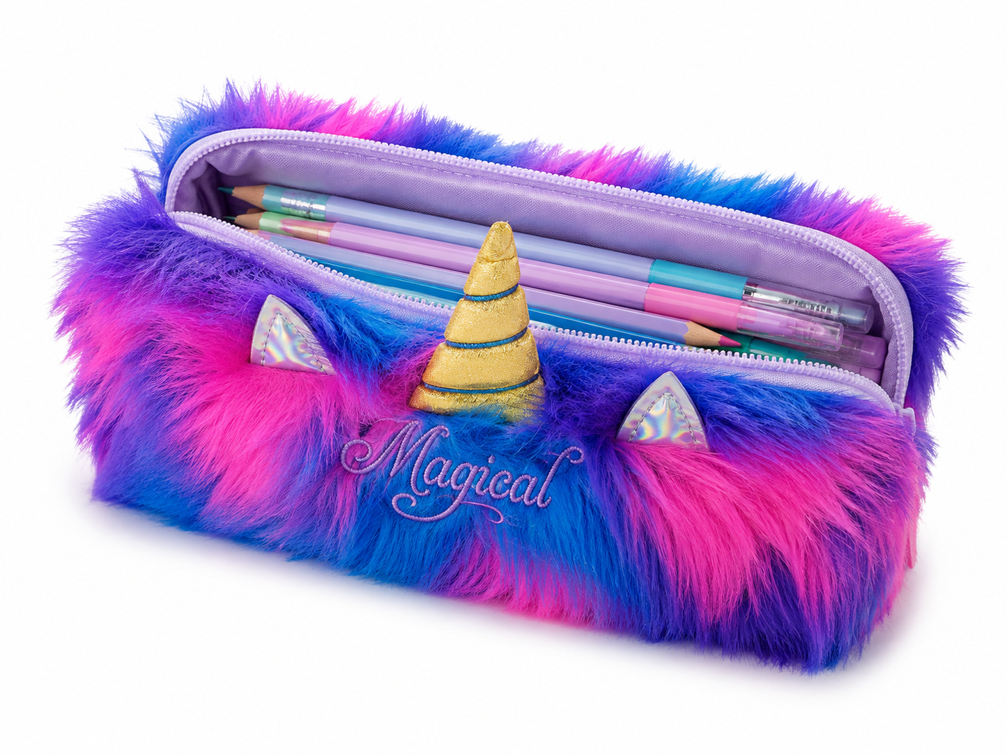 Magical Unicorn Fur Pencil Case – Blue & Pink Plush Furry Unicorn Stationery Pouch with Zipper