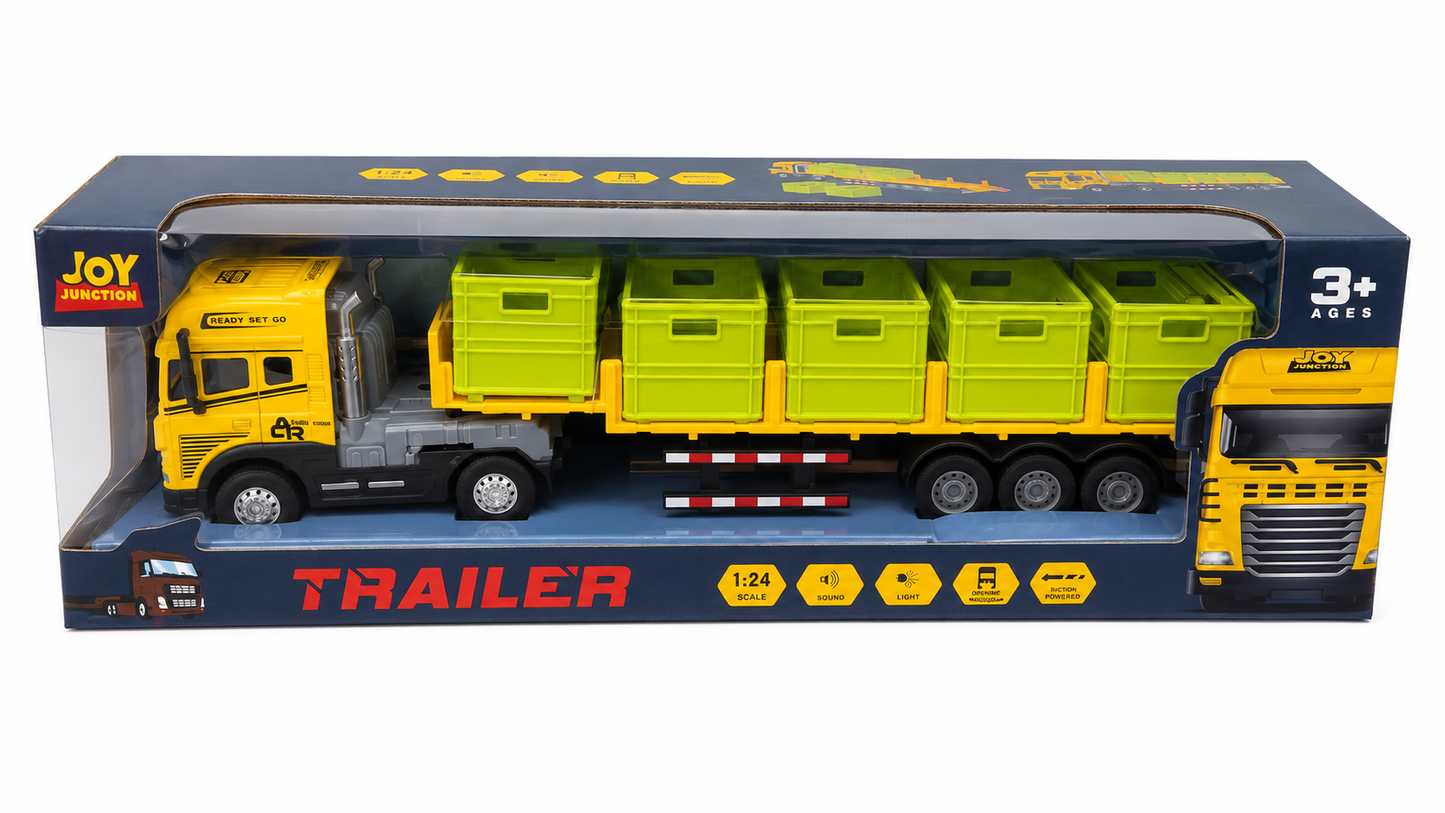 Joy Junction 1:24 Container Trailer Truck Toy with Light & Sound – Yellow/ Green