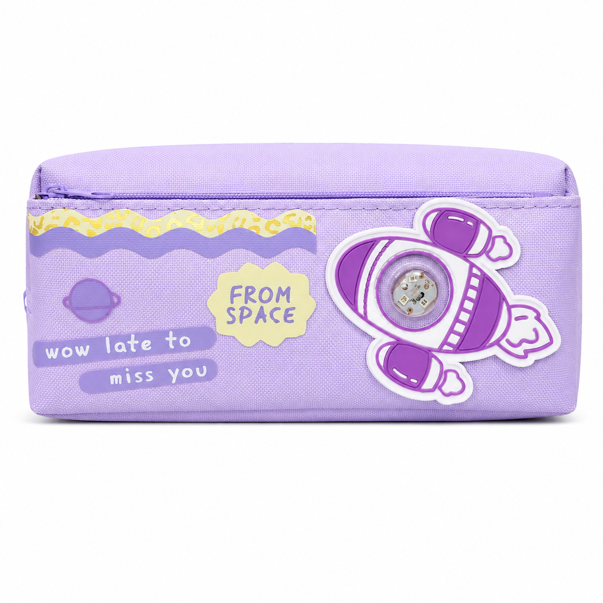 Purple Space Rocket Pencil Case for Kids – Box-Shaped School Pencil Pouch with Zipper Storage & Astronaut Design