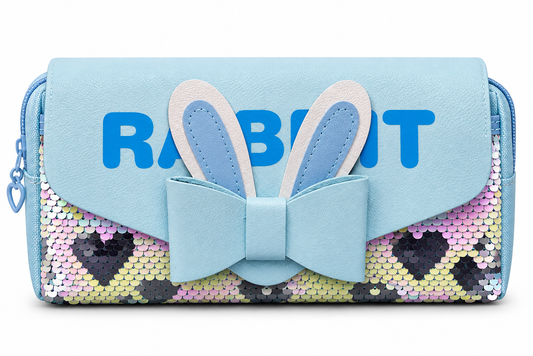 Rabbit Sequin Pencil Case for Girls – Blue Bunny Bow Design Box-Shaped School Pencil Pouch with Zipper & Flip Sequin Design