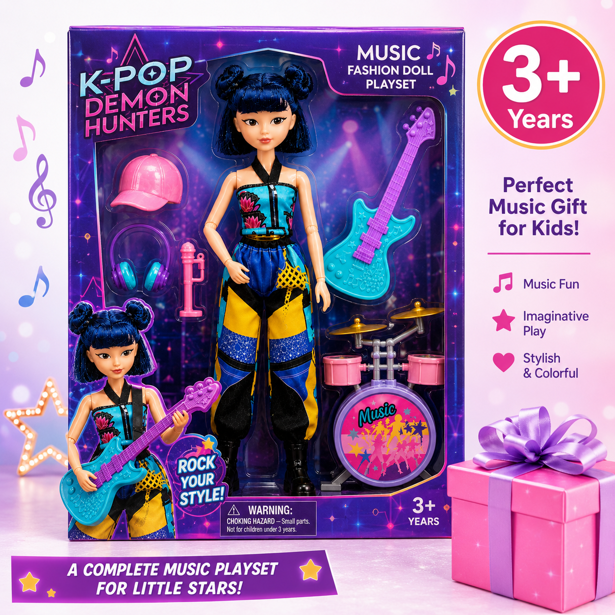 K-Pop Demon Hunters Music Fashion Doll Playset with Guitar, Drums & Accessories 3+ Years