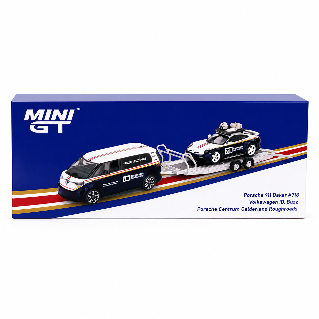 MINI GT 1:64 Volkswagen ID. Buzz with Trailer & Porsche 911 Dakar #718 | Porsche Centrum Gelderland Roughroads | Collector Box | BGX