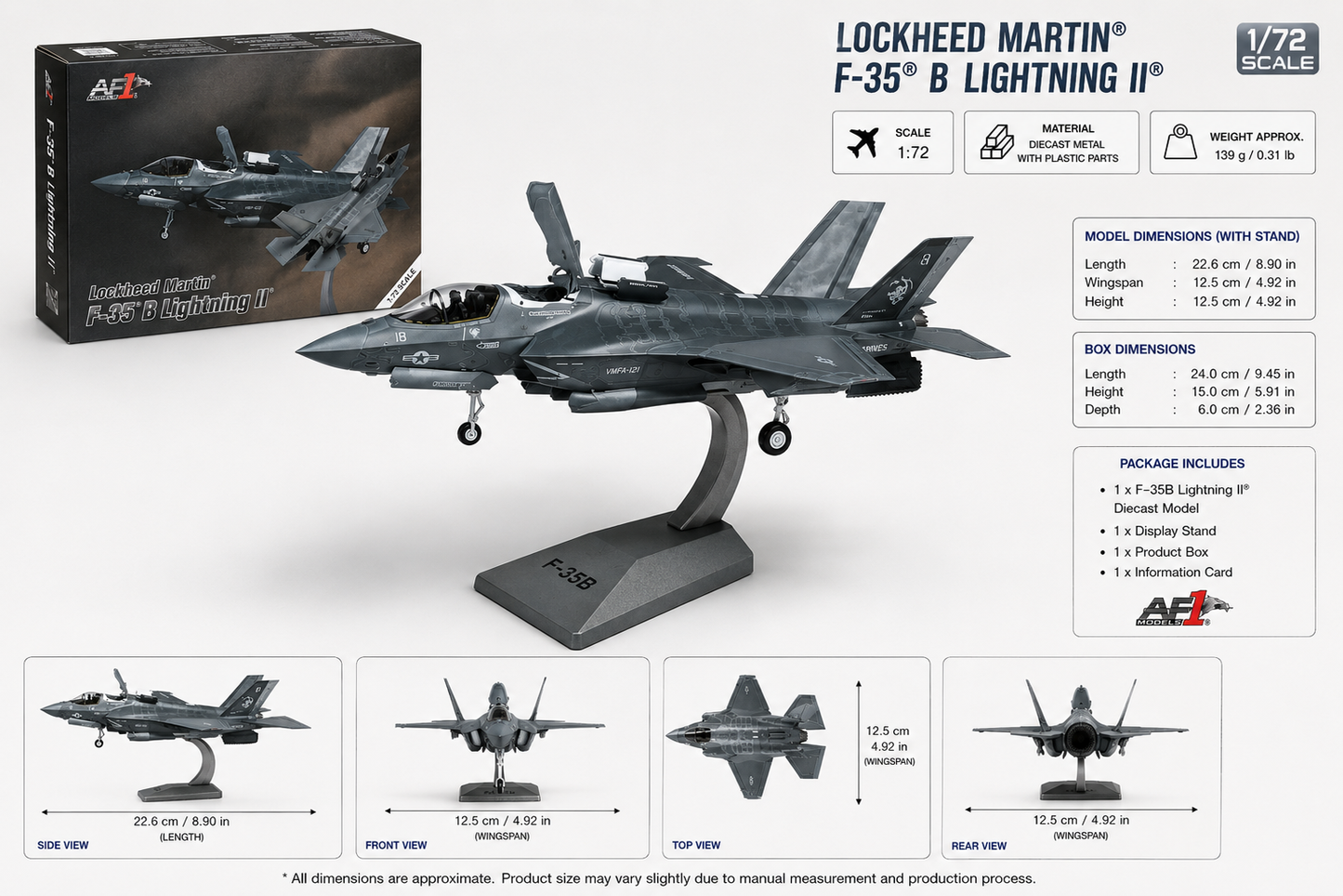 Premium 1:72 Scale Lockheed Martin F-35B Lightning II Metal Diecast Body Aircraft Model with Display Stand | Modern Military Fighter Jet Collectible
