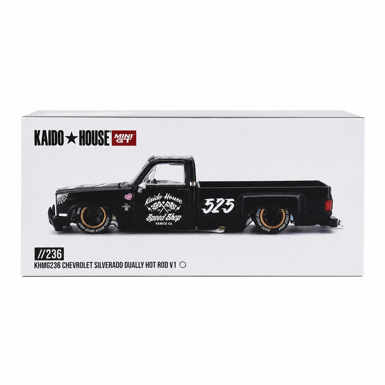 Kaido House x MINI GT 1:64 Chevrolet Silverado Dually Hot Rod V1 Black Diecast Pickup Truck | KHMG236 | Collector Box