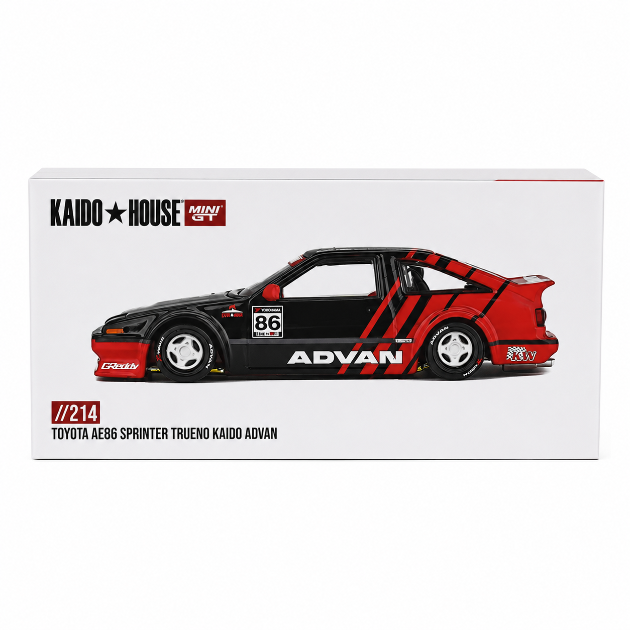 Kaido House x MINI GT 1:64 Toyota AE86 Sprinter Trueno Kaido ADVAN Diecast Model Car | KHMG214 | Collector Box