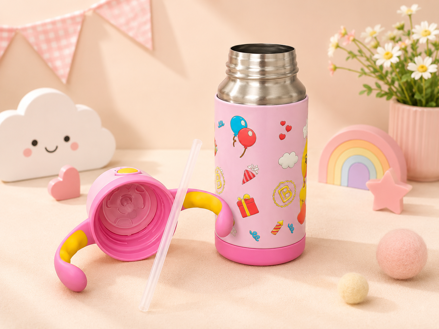 B.Duck Kids Vacuum Insulated Water Bottle with Straw & Carry Strap | Leakproof School Bottle | 420ml