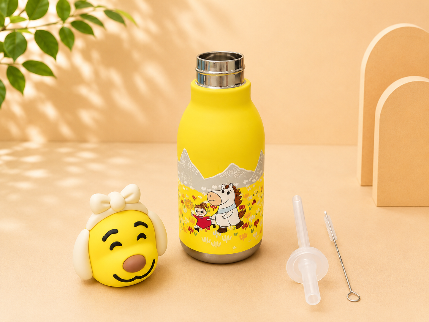 AFRESH 365 Animal Head Collection Puppy Stainless Steel Vacuum Insulated Water Bottle 450ml (16oz) with Straw & Cleaning Brush