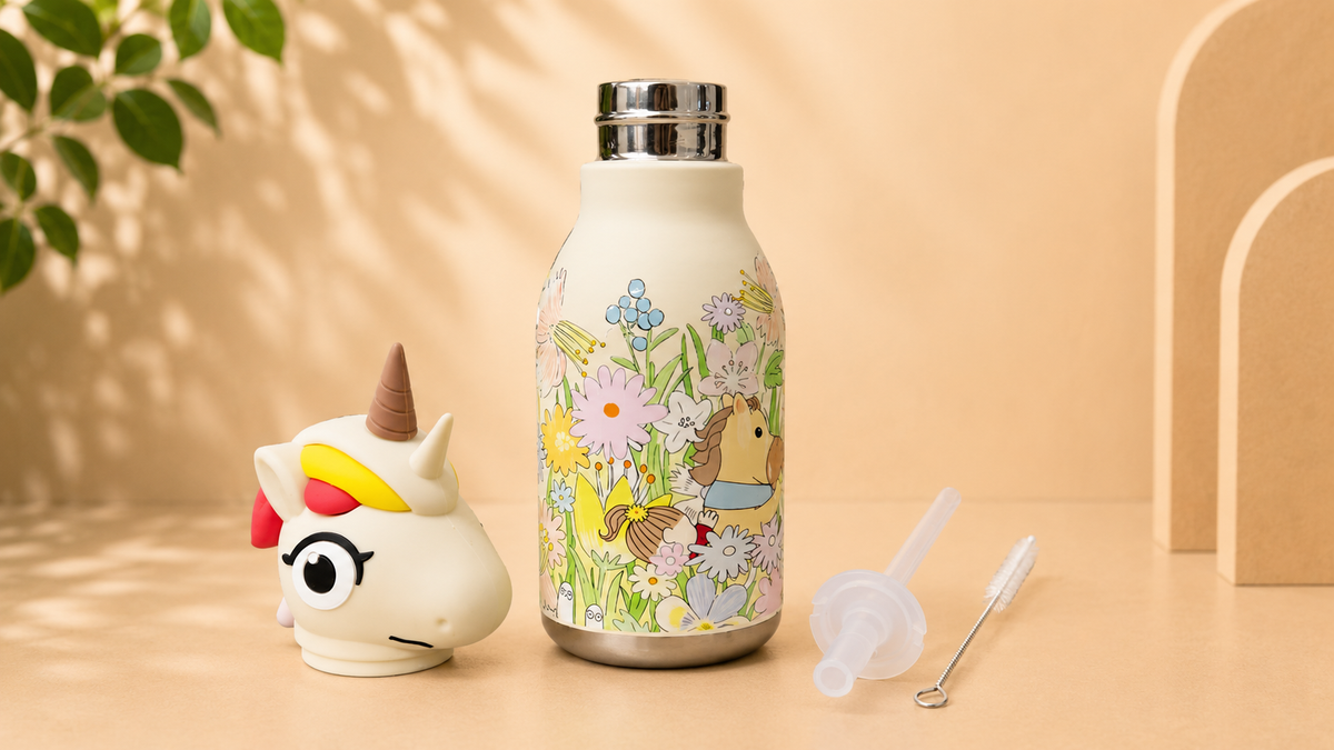 AFRESH 365 Unicorn Collection Stainless Steel Vacuum Insulated Water Bottle 450ml (16oz) with Straw & Cleaning Brush | Kids Water Bottle | 3 Color Variants