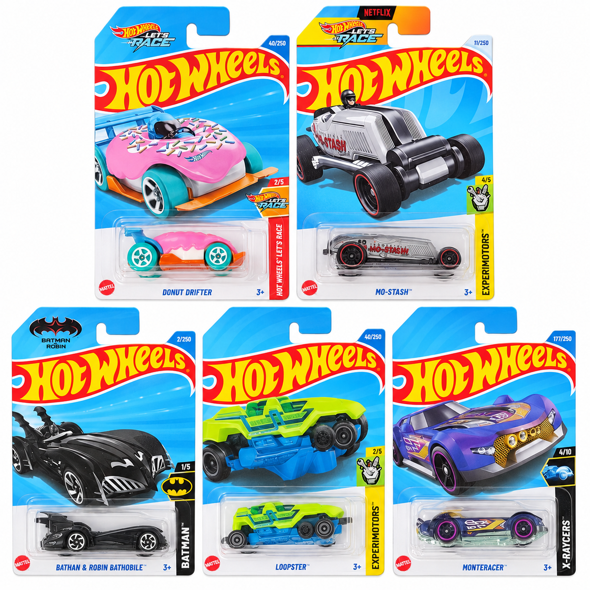Hot Wheels 1:64 Die-Cast 5-Car Combo – Donut Drifter, Mo-Stash, Batman & Robin Batmobile, Loopster & Monteracer