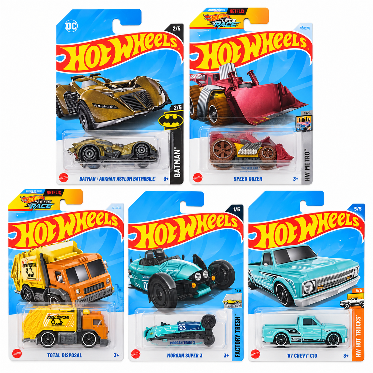 Hot Wheels 1:64 Die-Cast 5-Car Combo – Batman Arkham Asylum Batmobile, Speed Dozer, Total Disposal, Morgan Super 3 & ’67 Chevy C10