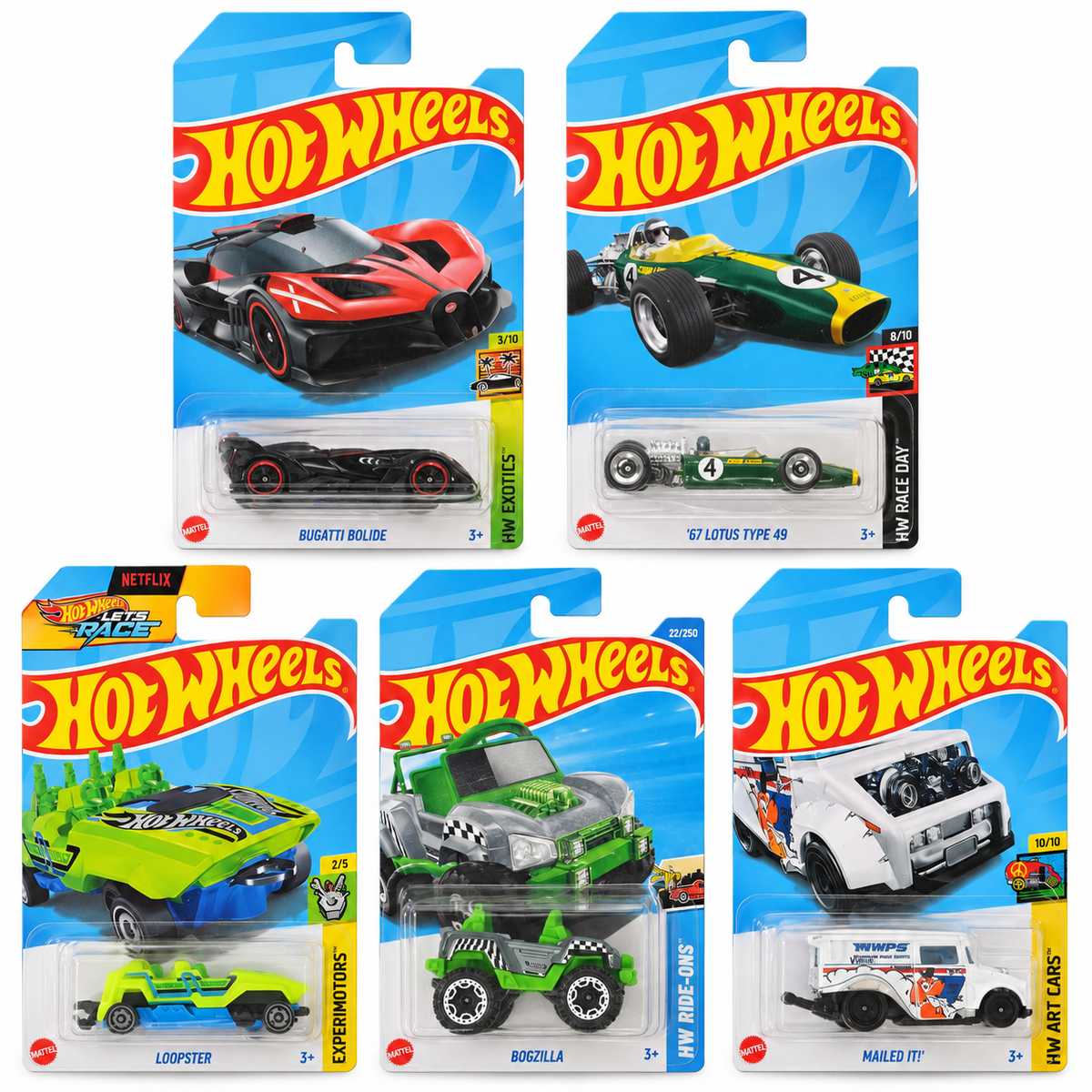 Hot Wheels 1:64 Die-Cast 5-Car Combo – Bugatti Bolide, ’67 Lotus Type 49, Loopster, Bogzilla & Mailed It!