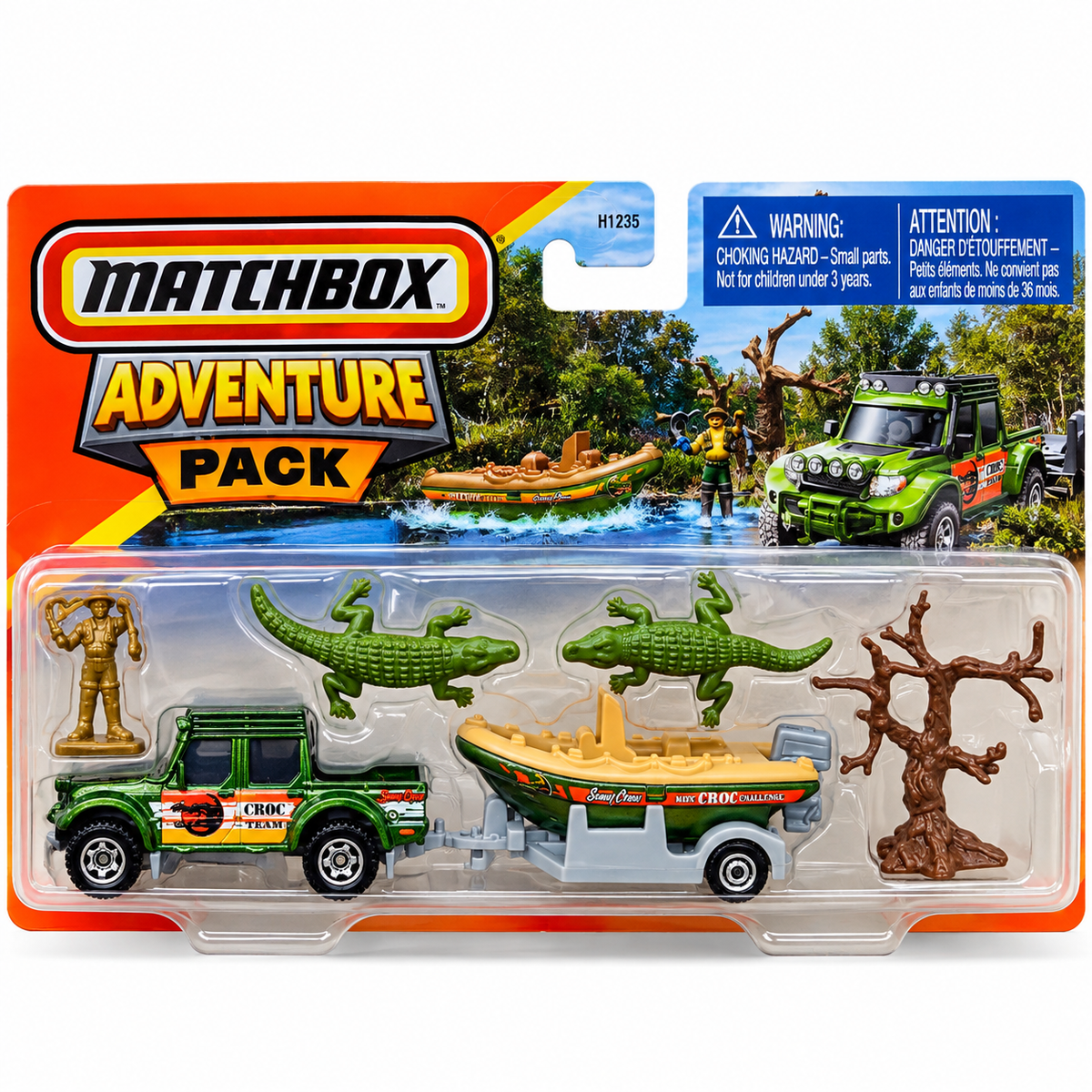 Matchbox Adventure Pack Crocodile Expedition Die-Cast Vehicle, Boat Trailer, Figures & Accessories Playset