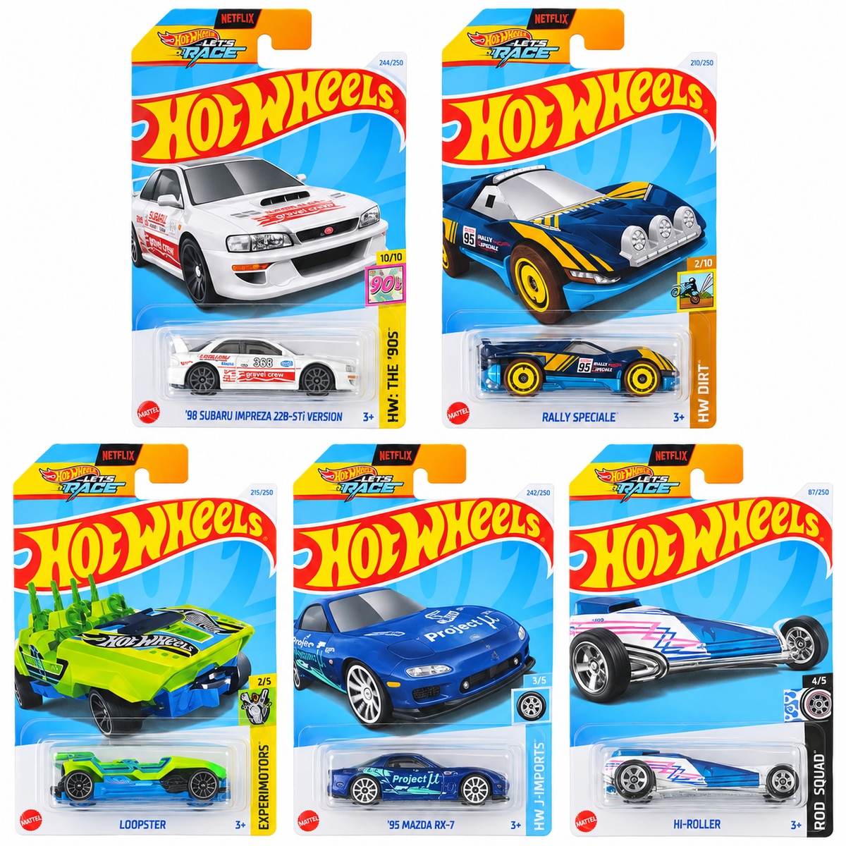 Hot Wheels 1:64 Die-Cast 5-Car Combo – ’98 Subaru Impreza 22B-STi, ’95 Mazda RX-7, Rally Speciale, Loopster & Hi-Roller