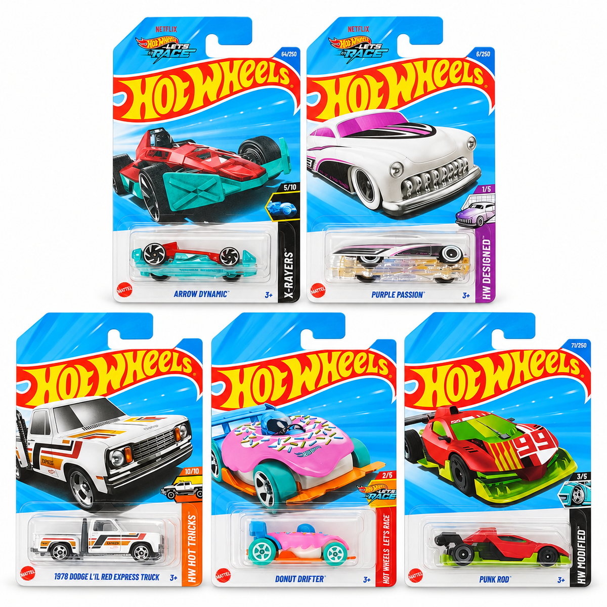 Hot Wheels 1:64 Die-Cast Cars 5-Pack – Arrow Dynamic, Purple Passion, Dodge Li’l Red Express, Donut Drifter & Punk Rod