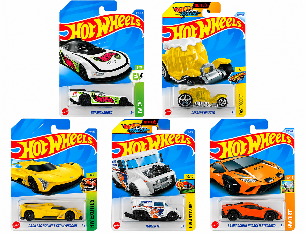 Hot Wheels 1:64 Die-Cast Cars 5-Pack Combo – Supercharged, Dessert Drifter, Cadillac Project GTP Hypercar, Mailed It! & Lamborghini Huracán Sterrato