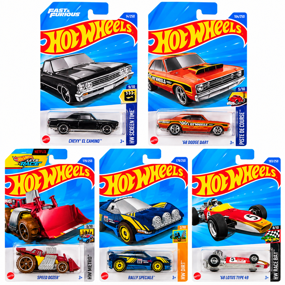 Hot Wheels 1:64 Die-Cast Car 5-Pack Combo – Chevy El Camino, ’68 Dodge Dart, ’68 Lotus Type 49, Rally Speciale & Speed Dozer