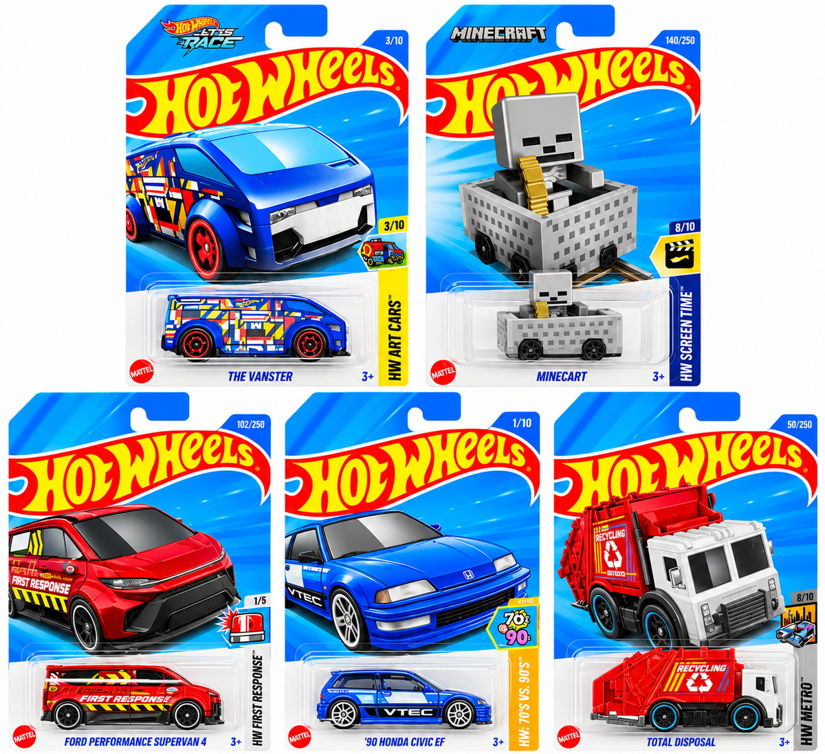 Hot Wheels 1:64 Die-Cast 5-Pack Combo – ’90 Honda Civic EF, Minecraft Minecart, Ford Performance Supervan 4, The Vanster & Total Disposal