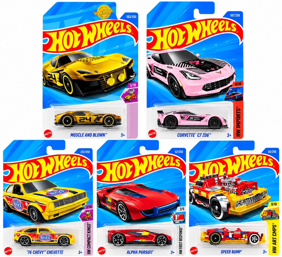 Hot Wheels 1:64 Die-Cast Car 5-Pack Combo – Corvette C7 Z06, ’76 Chevy Chevette, Muscle and Blown, Alpha Pursuit & Speed Bump