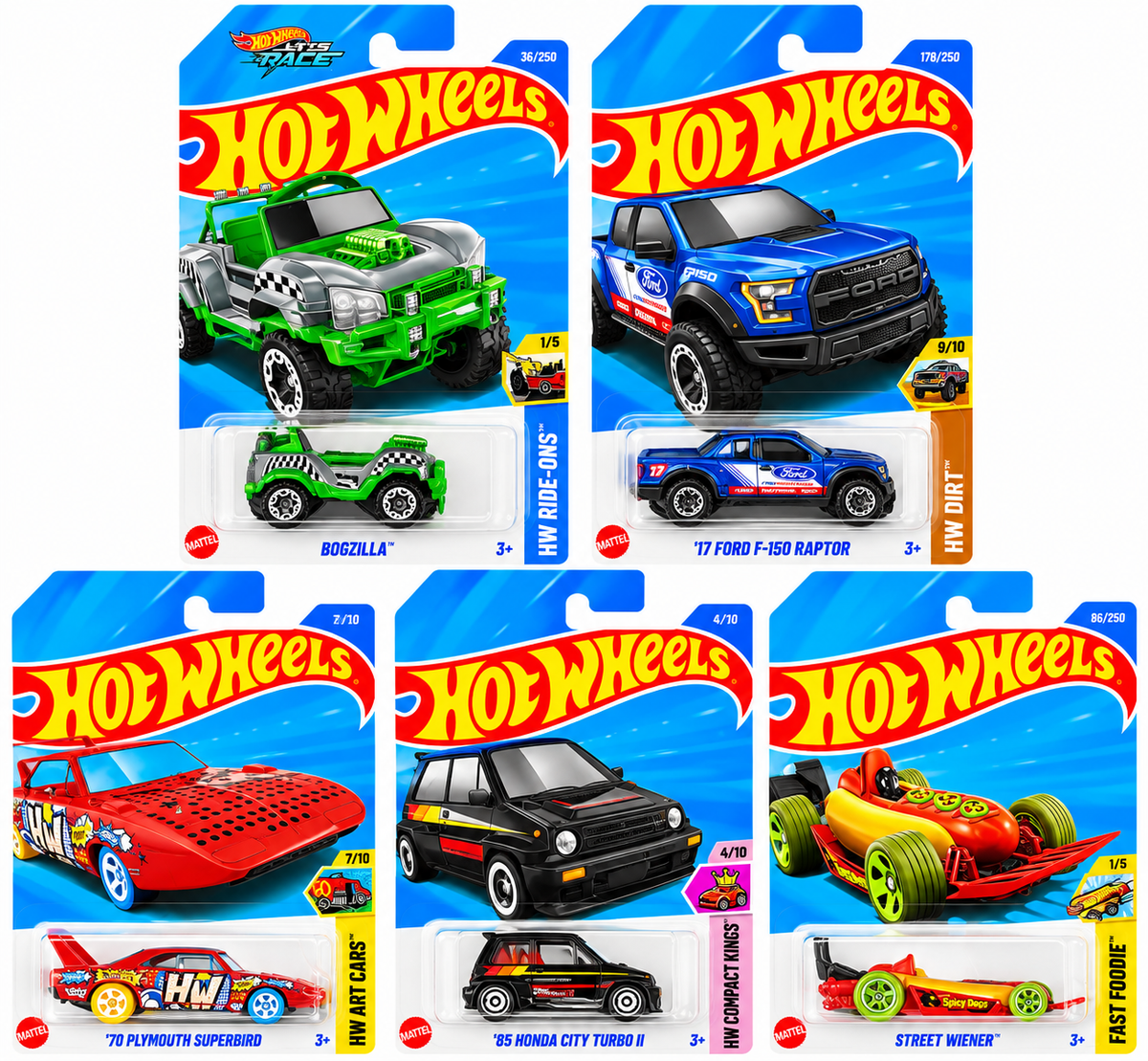Hot Wheels 1:64 Die-Cast 5-Pack Combo – ’17 Ford F-150 Raptor, ’70 Plymouth Superbird, ’85 Honda City Turbo II, Bogzilla & Street Wiener