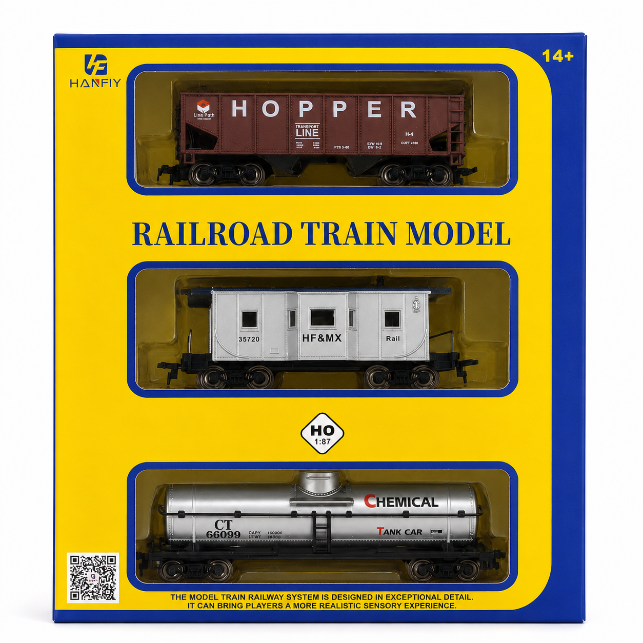HANFIY 95012 HO Scale 1:87 Railroad Freight Train Model 3-Car Set – Hopper, HF&MX Rail Car & Chemical Tank Car | Collector Model | 14+