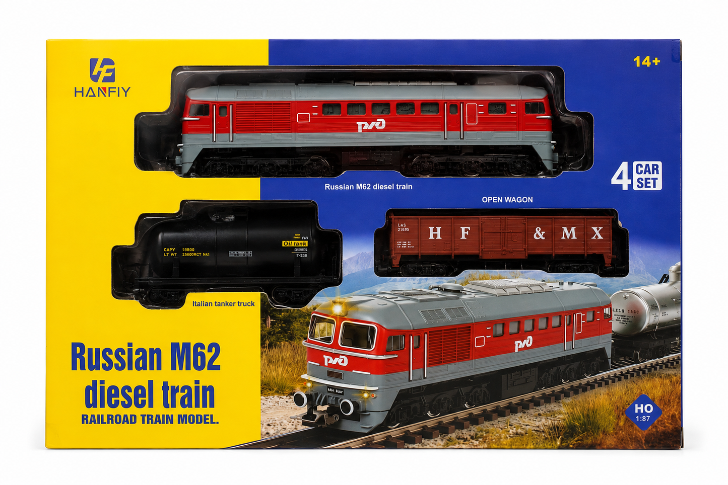 HANFIY 66700A Russian M62 Diesel Train 4 Car Set HO Scale 1:87 | Locomotive with 3 Freight Wagons | Model Railway Train