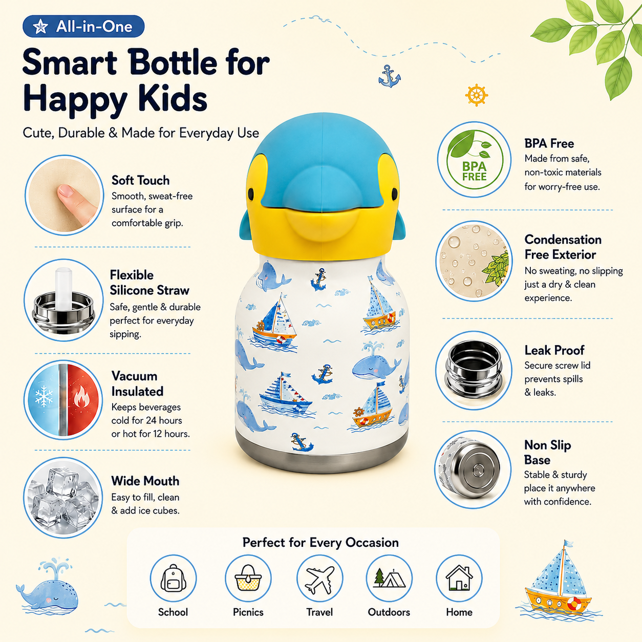 Afresh365 200ml Vacuum Insulated Stainless Steel Water Bottle for Kids – Blue dolphin Fun Character Design, Cute Kids Drinking Cup with Straw, Hot & Cold Bottle for School, Travel & Everyday Use