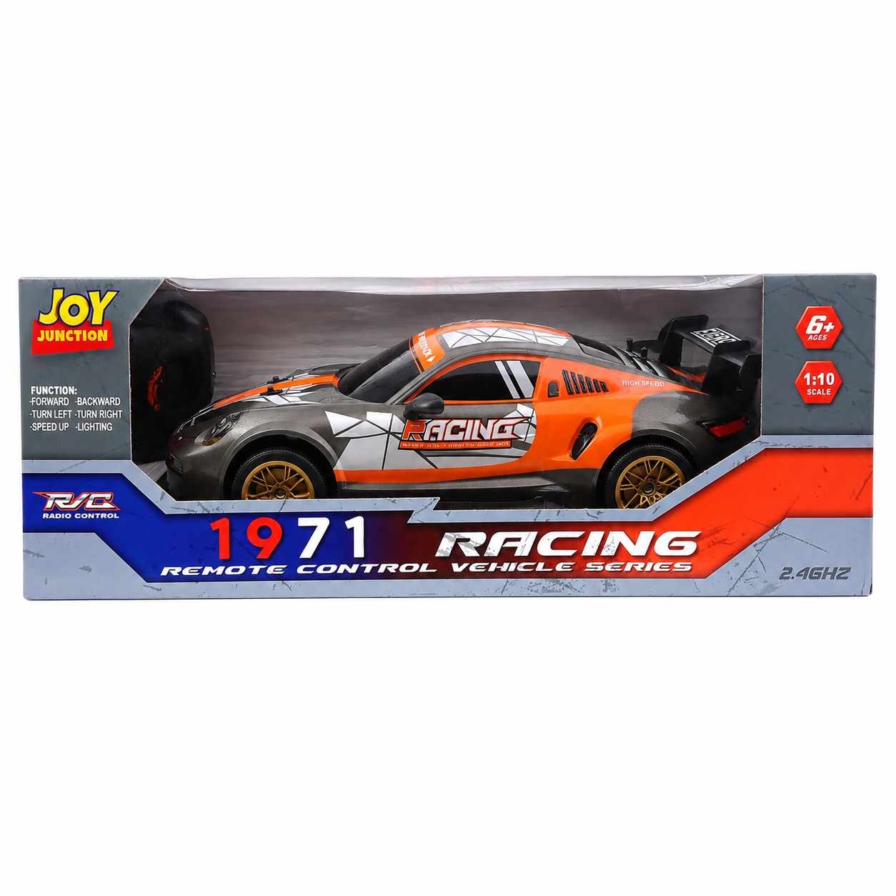 Joy Junction 1:10 Scale 2.4GHz R/C Racing Car | 25+ KM/H High-Speed Full Function Remote Control Sports Car with Forward, Backward, Left & Right Controls, Speed Up & Lighting for Kids 6+ Years