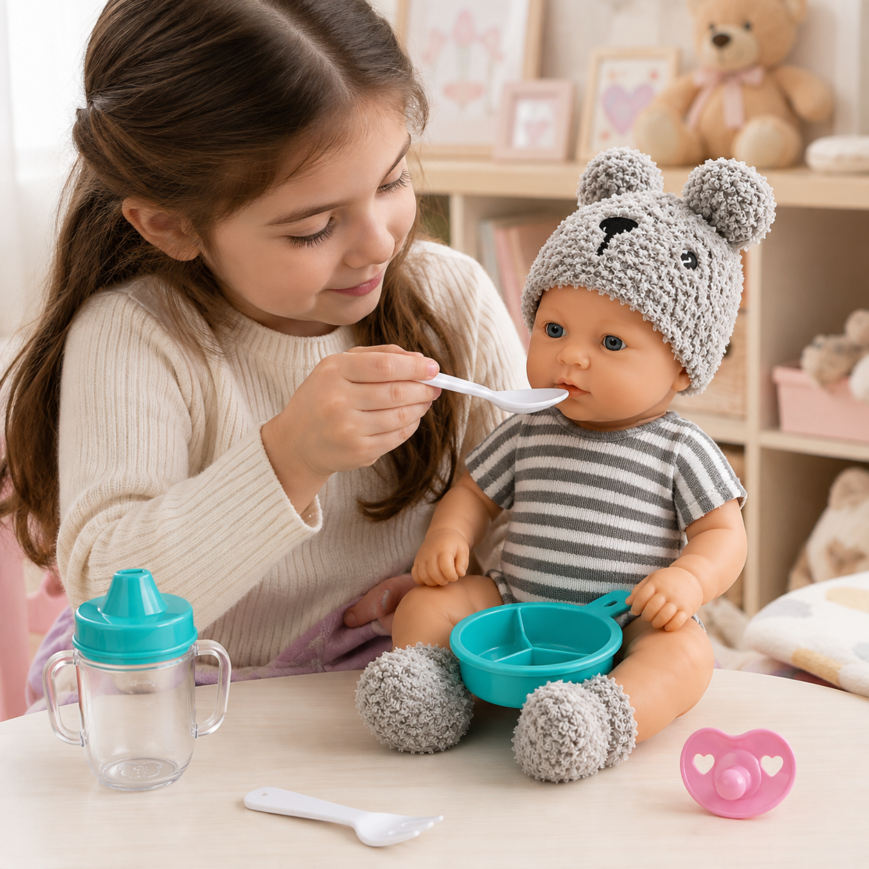 Realistic Baby Doll with Feeding Accessories 12Inch | Cute Newborn Doll with Outfit, Bear Hat, Feeding Bowl, Spoon, Fork, Sippy Cup & Pacifier | Pretend Play Baby Doll for Kids 18M+