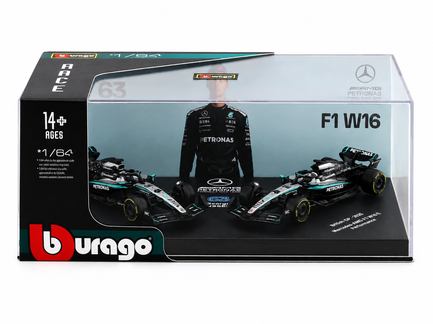Bburago 1:64 Scale Mercedes-AMG F1 W16 George Russell #63 Seasonal Livery & British GP 2025 Collectible Die-Cast Model Set of 2