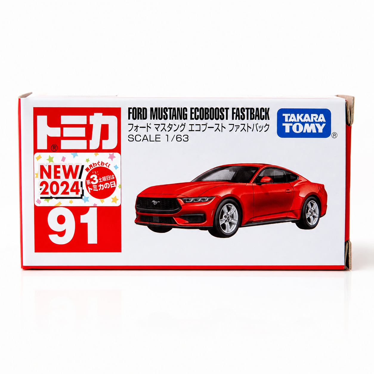 Takara Tomy Tomica No. 91 Ford Mustang EcoBoost Fastback 1:63 Scale Die-Cast Model Car | Premium Metal Collectible Miniature with Detailed Exterior, Rolling Wheels & Collector Box | Red