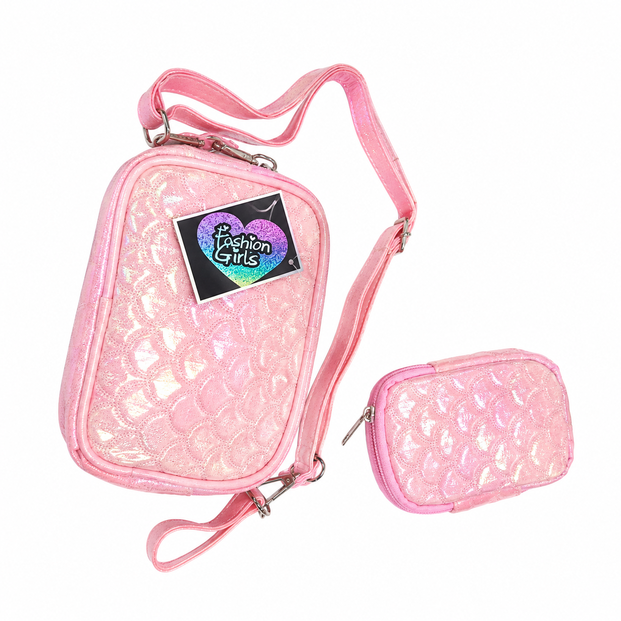 Fashion Girls Iridescent Pink Crossbody Sling Bag with Coin Pouch | Glitter Shoulder Bag for Girls | Adjustable Strap | Stylish Mini Travel Bag