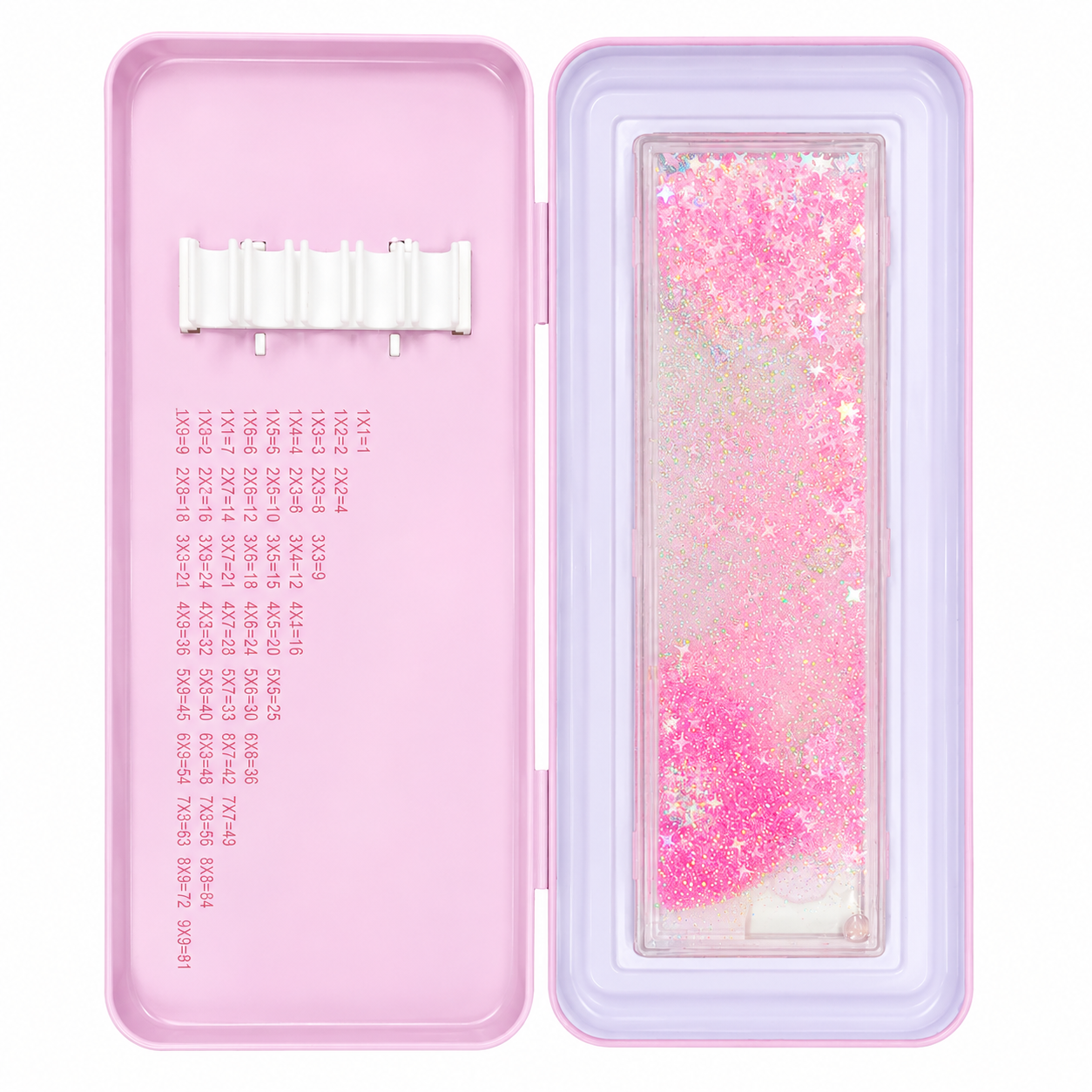 Unicorn Glitter Liquid Pencil Box for Girls | Hard Plastic Pencil Case with Floating Glitter Window | Multiplication Table, Pen & Pencil Organizer for School