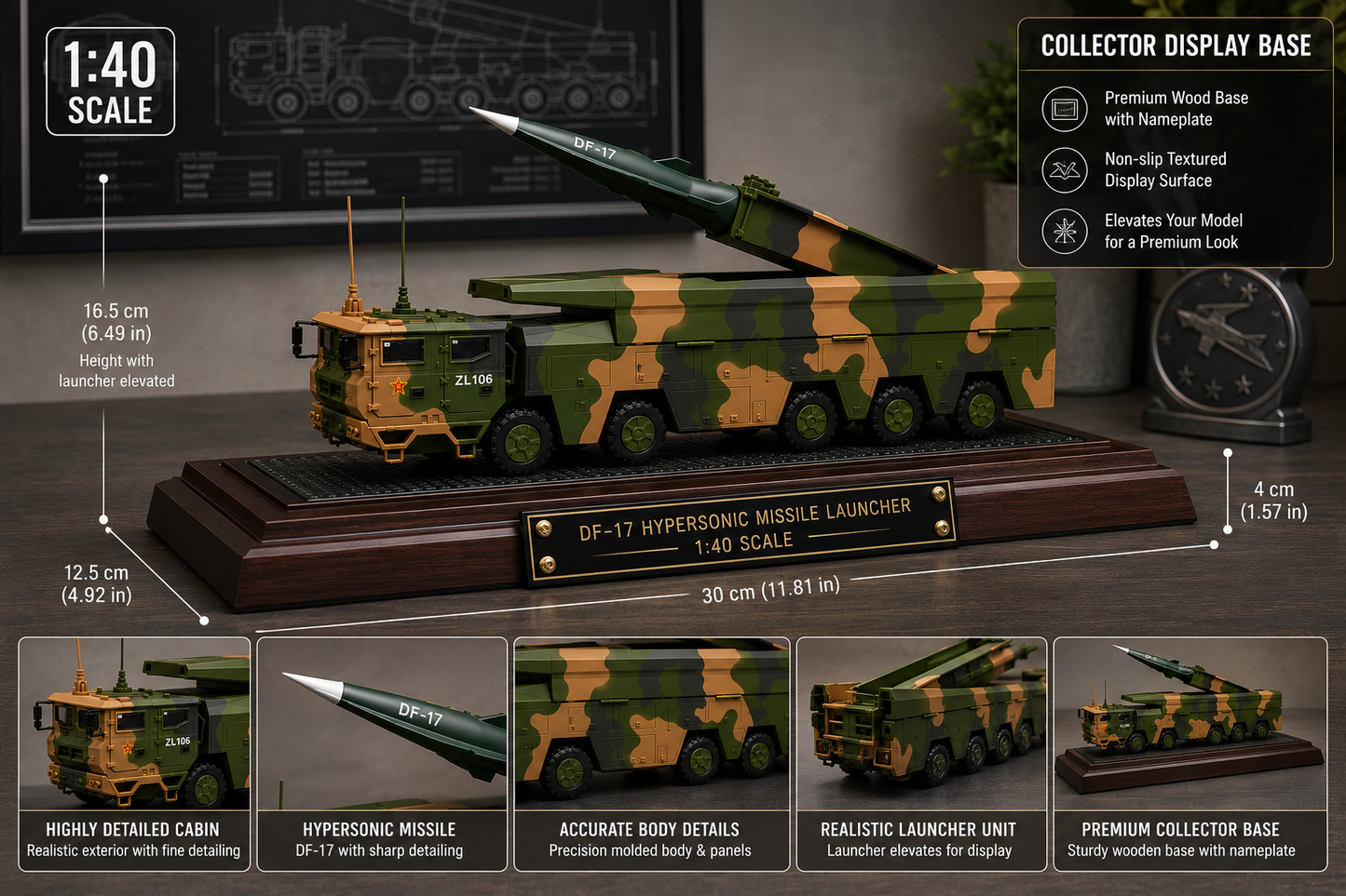 Premium 1:40 Scale DF-17 Hypersonic Missile Launcher Military Vehicle Model with Display Base & Collector Box | Static Display Collectible