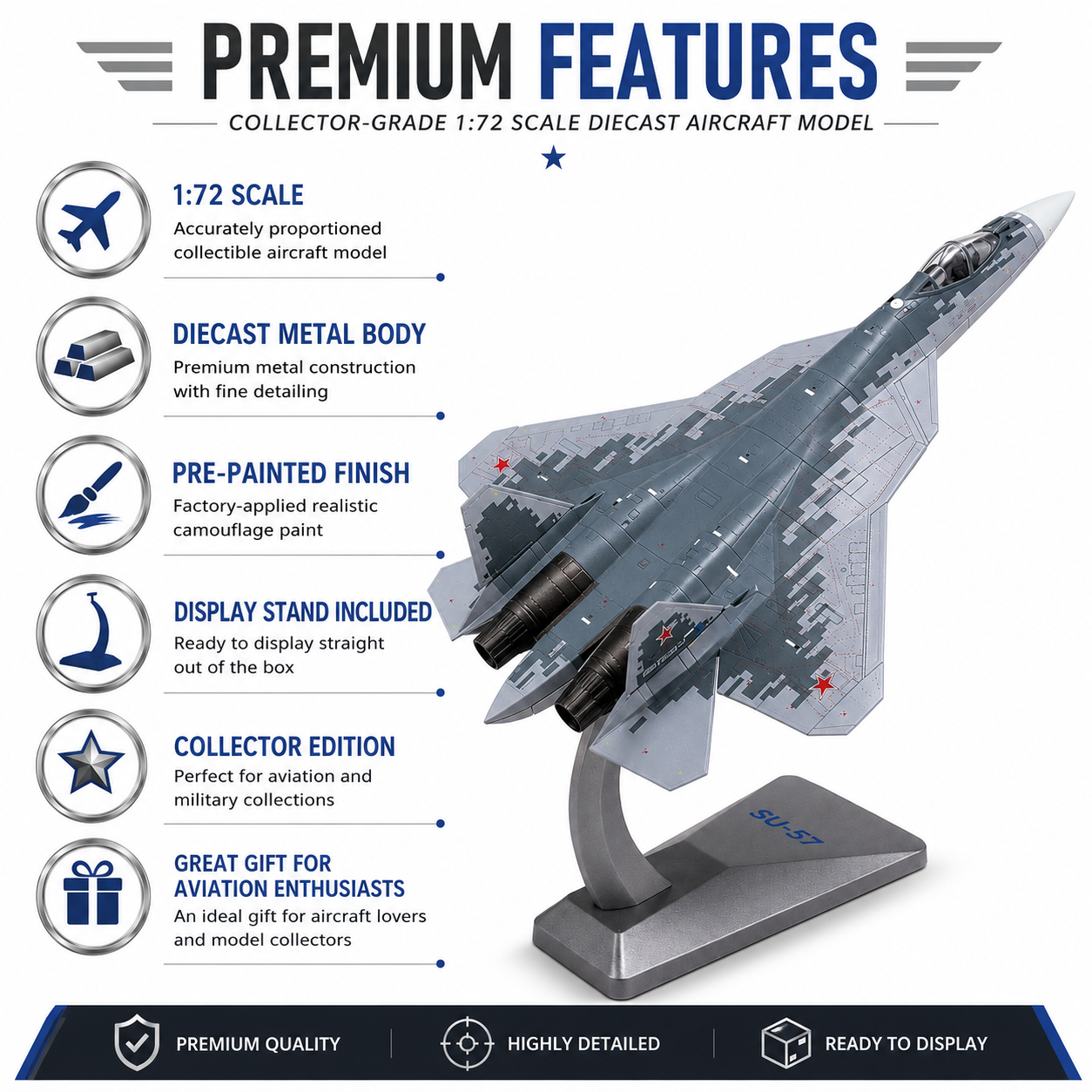 Premium 1:72 Scale Sukhoi SU-57 Felon Diecast Metal Fighter Aircraft Model with Display Stand | Military Jet Collectible for Home, Office & Aviation Display