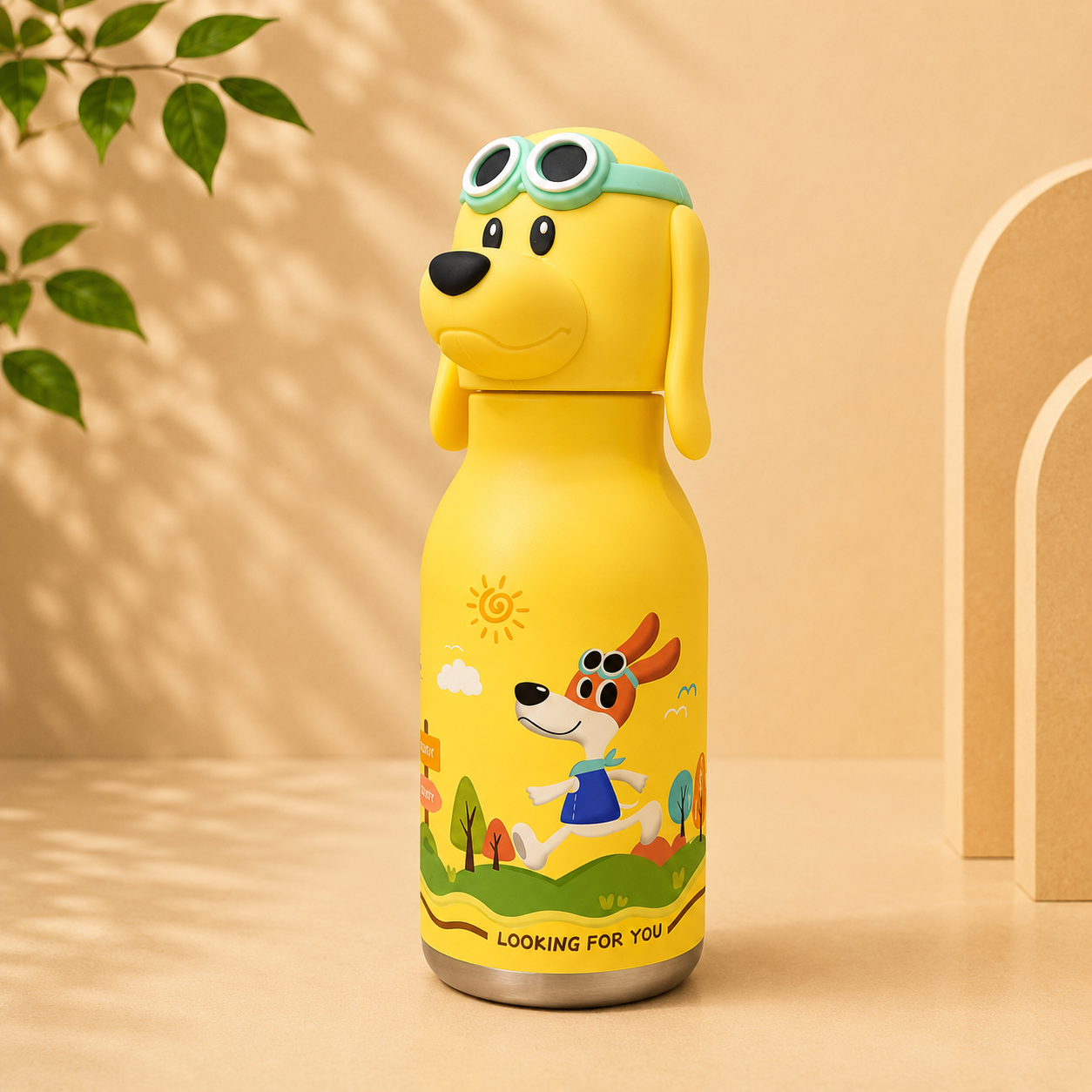 AFRESH 365 Animal Head Collection Puppy Stainless Steel Vacuum Insulated Water Bottle 450ml (16oz) with Straw & Cleaning Brush