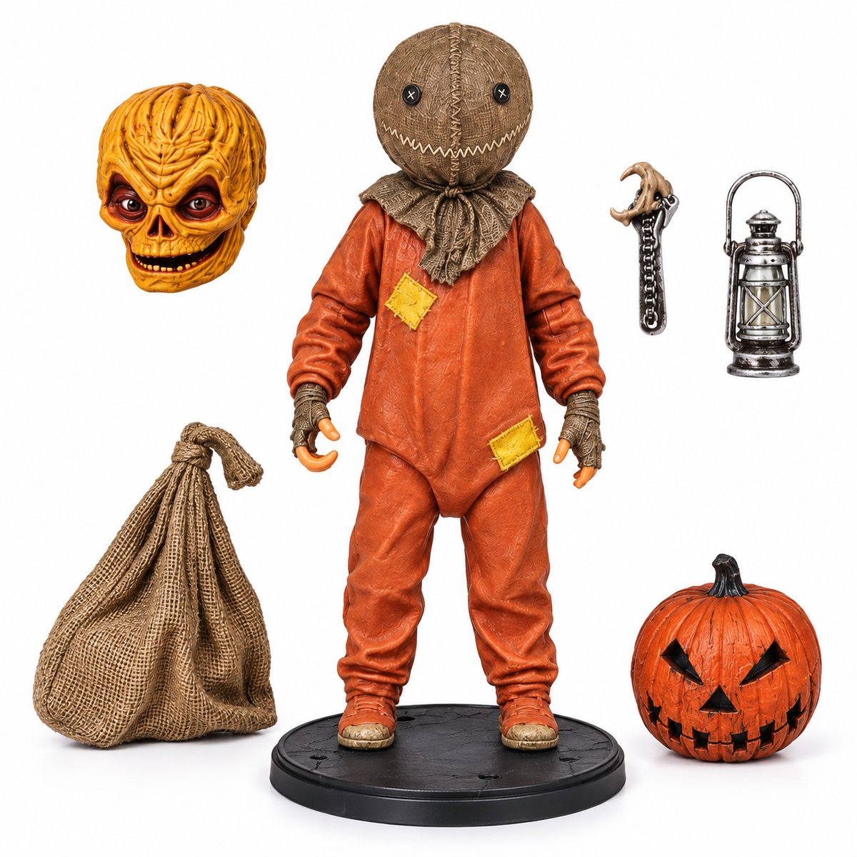 Trick ’r Treat Sam Horror Action Figure Set with Interchangeable Head, Pumpkin, Sack & Accessories | Halloween Movie Collectible Figure for Kids & Horror Fans Ages 6+